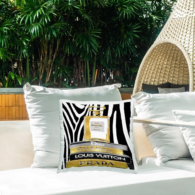 Stupell Industries | Glam Fragrance Fashion Book Stack Black, 18 x 18 | Outdoor Pillow, Made in USA - By Madeline Blake