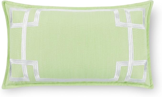 Hofdeco Premium Coastal Hampton Outdoor Performance Lumbar Pillow Cover Only, 12"x20" Water Repellent, UV and Fade Resistant for Backyard, Couch, Poolside, Grass Green Embroidered Frame Greek Key