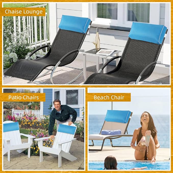2 Pack Outdoor Chaise Lounge Head Pillow, Patio Pool Chair Pillows Water Resistant Headrest Pillow Lumbar Pillows with Insert and Adjustable Elastic Strap for Recliner Beach Chair, Blue