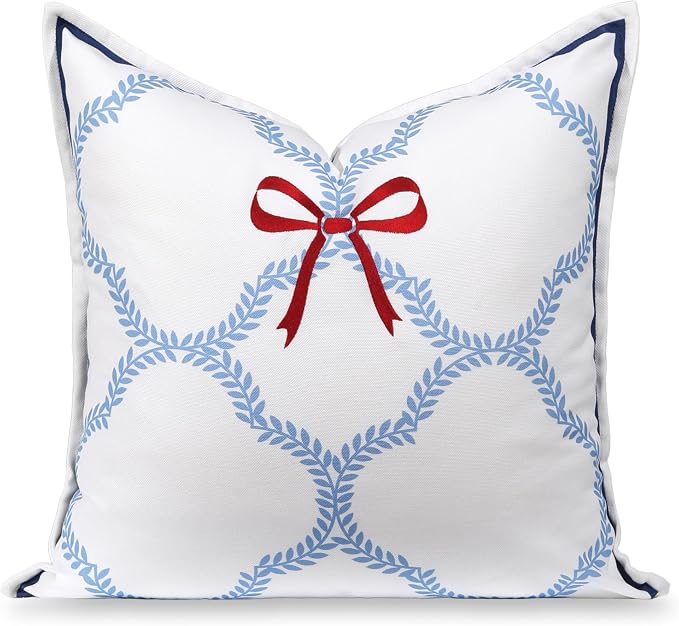 Hofdeco Premium Coastal Hampton Patio Indoor Outdoor Throw Pillow Cover Only, 20"x20" Water Repellent for Backyard, Couch, Poolside, Azure Blue Red Embroidered Ribbon Bow Tie on Leaves