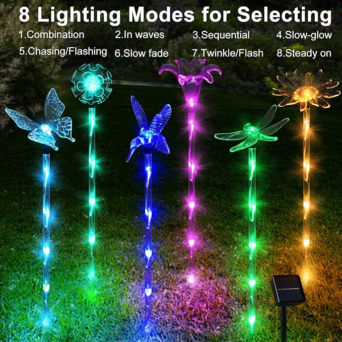 Set of 6 Arcylic Solar Lights for Outside, Solar Powered Garden Decorations with 8 Lighting Modes, Outdoor Waterproof Pathway Lights for Yard, Patio Plant Pot, Flower Bed (Mixed)