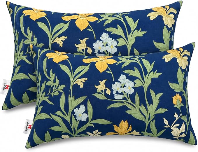 Pack of 2 Patio Lumbar Pillows 12"x20" | Fade Resistant Outdoor Waterproof Lumbar Pillow with Inners Decorative Garden Lumbar Cushions for Home Patio Terrace Sofa
