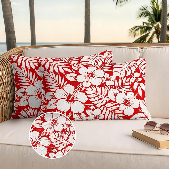Red Hibiscus Flowers Waterproof Outdoor Pillow Covers Set of 2 Home Decor, Tropical Monstera Leaves Lumbar Pillowcase Patio Pillow Covers for Couch Bench Patio Furniture Garden 20x12in