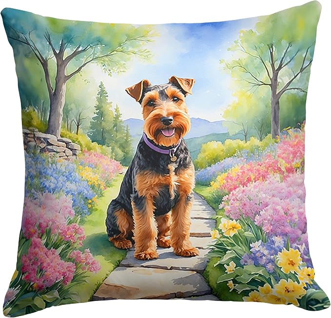 Caroline's Treasures Welsh Terrier Spring Path Throw Pillow Machine Washable, Indoor Outdoor Decorative Pillow for Couch, Bed or Patio, 18Hx18W