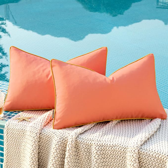 MIULEE Outdoor Waterproof Pillow Covers 12x20 Coral Red-Yellow Pack of 2 | Decorative Farmhouse Throw Pillow Covers with Piping,Square Solid Color,Patio Furniture,Summer Couch Tent Sofa Living Room
