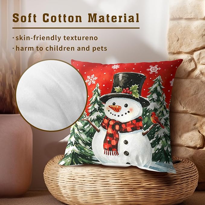 Christmas Throw Pillow Covers 22x22 Inch – Pack of 2 Snow Snowman Pine Trees Holiday Cotton Hidden Zipper Pillowcases for Couch Sofa Bed Porch Farmhouse Home Decor