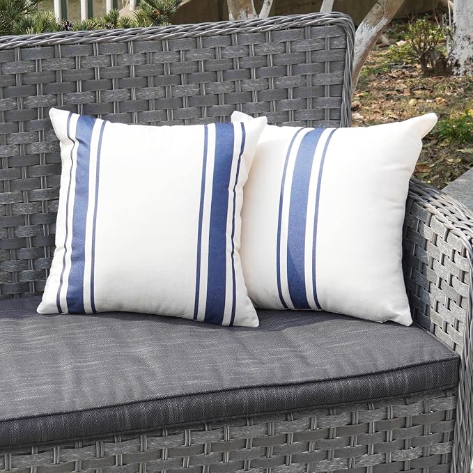ONWAY Outdoor Pillow Covers Waterproof 16x16 Set of 2 Decorative Linen Throw Pillow Cover Beige and Navy Blue Striped Outdoor Pillows for Patio Furniture