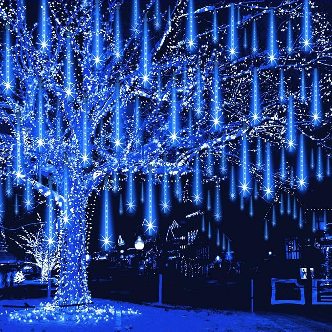 Weepong Meteor Shower Lights Outdoor Christmas Lights UL Certified Falling Rain Drop Snowfall Icicle Cascading String Light for Xmas Holiday Tree Wedding Party Garden Decor Blue, 12 Inch 8 Tubes