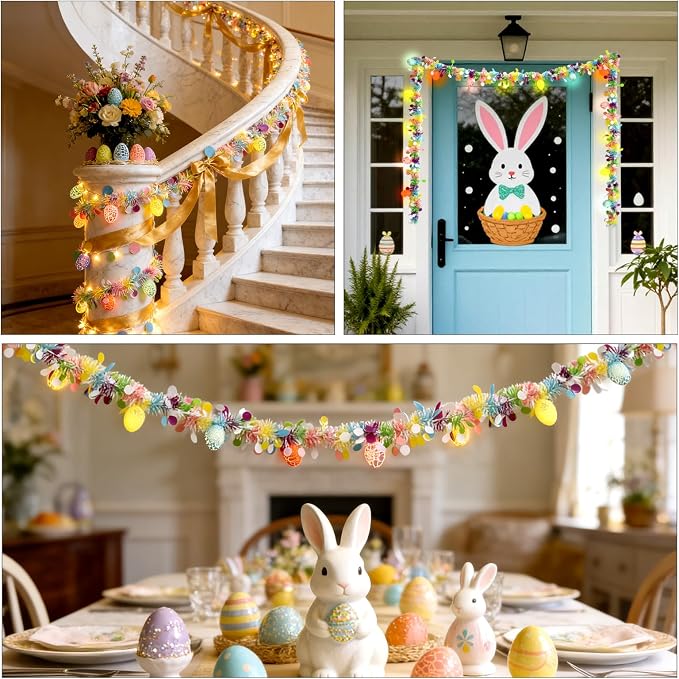 8.5Ft Easter Garland Lights with 10L LED Easter Egg String Lights Plug in and Pastel Tinsel Spring Garland Decorations for Indoor Holiday Home Bedroom Classroom Easter Decor