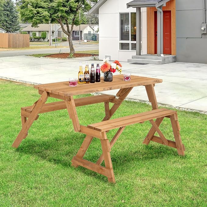 GYMAX Picnic Table, 2 in 1 Convertible Picnic Bench Table Set, Transforming Interchangeable Wooden Picnic Table with Umbrella Hole, Collapsible Outdoor Patio Dining Table Garden Bench