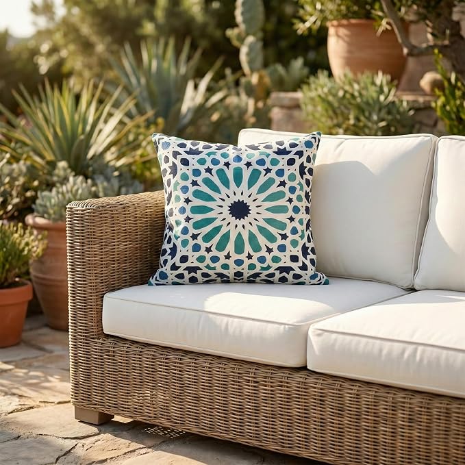 Fab Habitat Indoor/Outdoor Throw Pillow Made from Recycled Polyester Yarn - Stain Resistant, Machine Washable, Insert Included - Tile - Patio, Deck, Porch, Living Room - Mosaic Multi Blue (20" x 20")