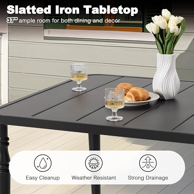 NUU GARDEN Outdoor 37” Dining Table, Square Metal Dining Table with Umbrella Hole, Patio Dining Table with Powder-Coated Frame and Slatted Tabletop, for Garden, Backyard and Balcony, Black