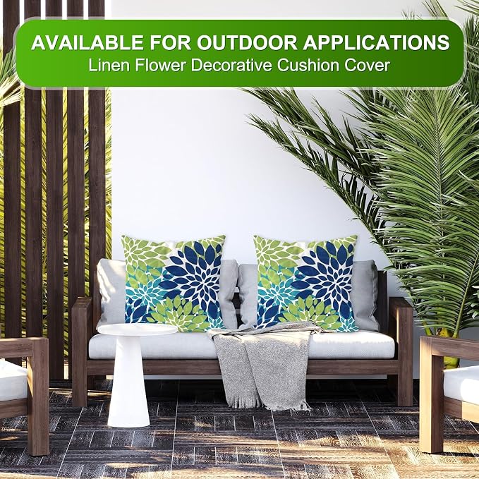 M METERXITY 2-Pack Pillow Cover 16x16 Linen, Blue Green | Water Resistant Floral Decor Slipcover, for Patio, Balcony, Garden, Outdoor Pillow Case
