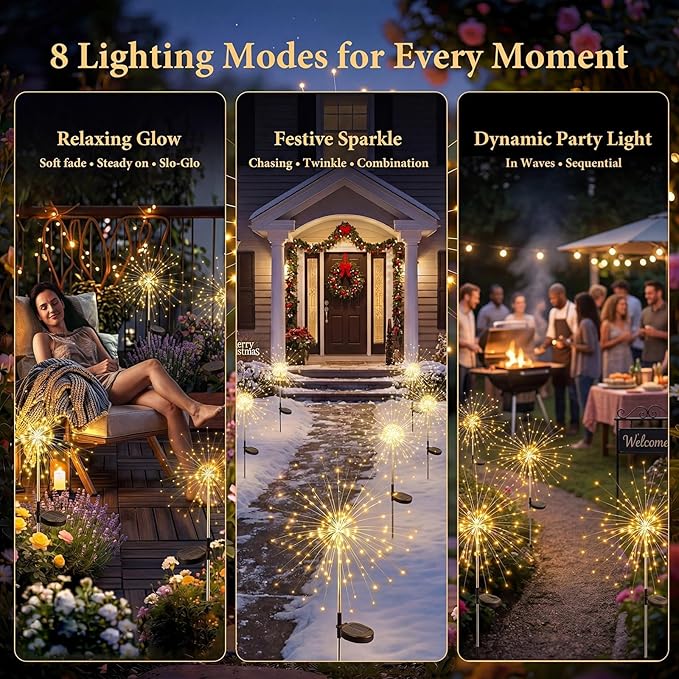 Solar Firework Lights Outdoor 2 Pack, 120LED Starburst Garden Lights Solar Powered with 8 Lighting Modes, Waterproof Decorative Lights for Flower Beds, Walkways, Small Garden & Patio Decor