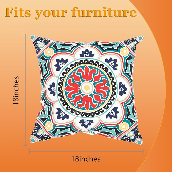 18" Outdoor Throw Pillows Set of 4, Waterproof & Fade Resistant Patio Furniture Pillows with Built-in Inserts, All-in-One Red Black Boho Design for Sofa, Patio or Backyard Relaxation