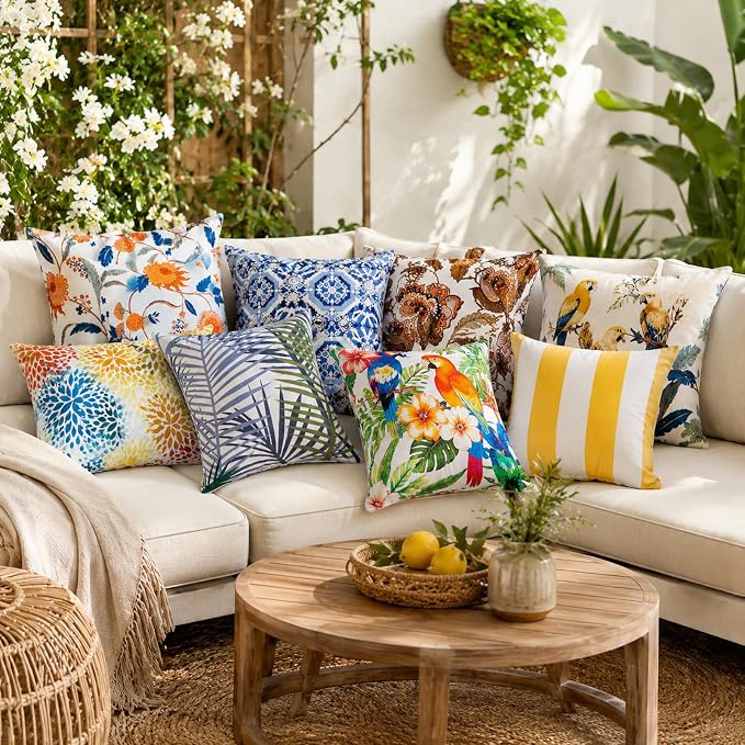 2pcs Outdoor Decor Pillows, Insert and Cover, Waterproof & Fade-Resistant Patio Couch Cushions for Garden, Porch, Poolside Sofa (Fireworks, 18x18in)