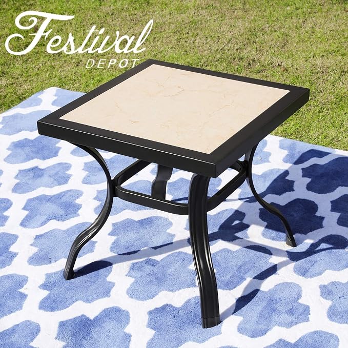 Festival Depot Metal Steel Outdoor Side Table Patio Bistro Square Dining Table Ceramics Top with Steel Legs (1pc Dining Table, Ceramics)