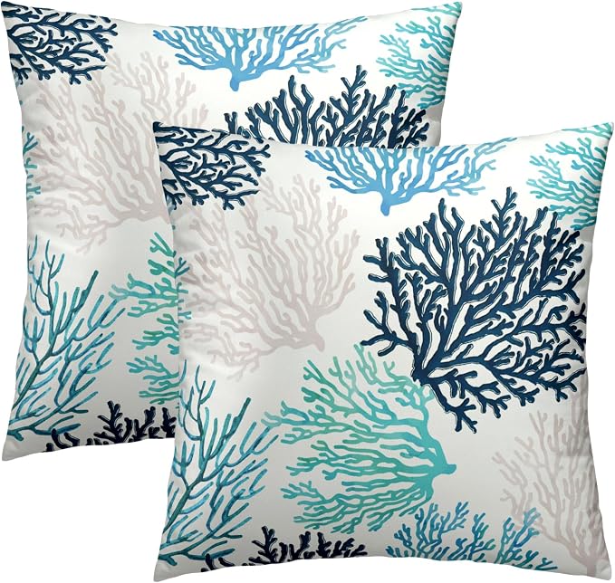 Blue Grey Coral Pillow Covers 16 x 16 Inches Set of 2 Coastal Ocean Marine Life Cotton Linen Pillowcase for Sofa Couch Living Room Outdoor Indoor Home Decor