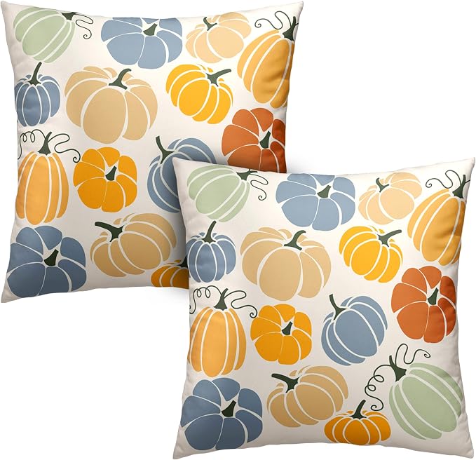 Fall Thanksgiving Throw Pillow Covers 18x18 Set of 2 Orange Yellow Blue Pumpkins Pillow Covers Colorful Autumn Outdoor Pillow Case Cotton Blend Cushion Case for Couch Patio Bed Car