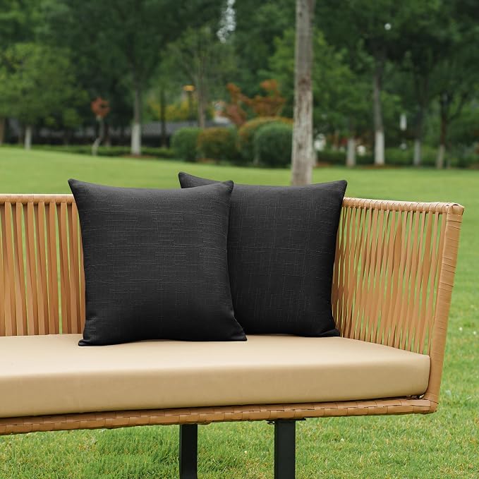 NiNi ALL Waterproof Outdoor Pillow Covers 24x24 Set of 2 Patio Black | Faux Linen Textured Decorative Solid Throw Pillow Covers Farmhouse for Garden Furniture Tent Balcony Couch Sofa Cushion
