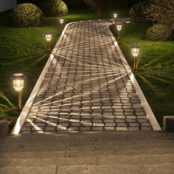 XMCOSY+ Solar Lights Outdoor Waterproof, 4 Pack Solar Pathway Garden Lights | 10-40LM Dimmable Warm White, All-metal Auto On/Off Solar Light, Waterproof Solar Powered Light for Driveway Walkway Sidewalk