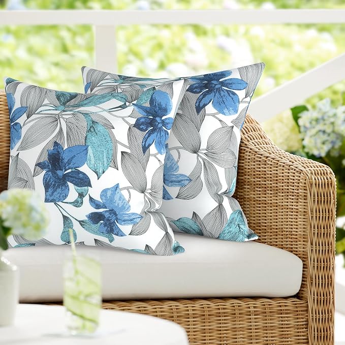 DYTXIII Pack of 2 Outdoor Waterproof Pillow Covers ONLY, 18"x18" Square Decorative Double Printed Throw Pillow Cases for Patio Couch Porch Furniture, Clemens Noir Blue