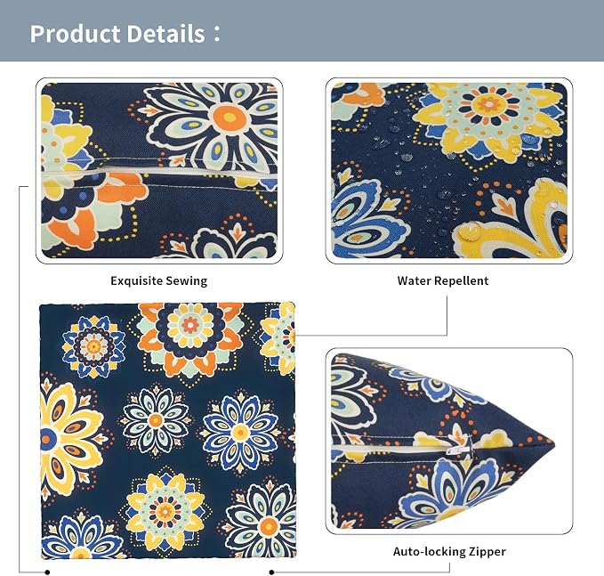 Outdoor Throw Pillow Covers 18x18 Inch, Decorative Pillow Covers for Patio Furniture, Bloom Medallion‌Cobalt Modern Cushion Cases for Garden Couch Home Sofa, Pack of 2