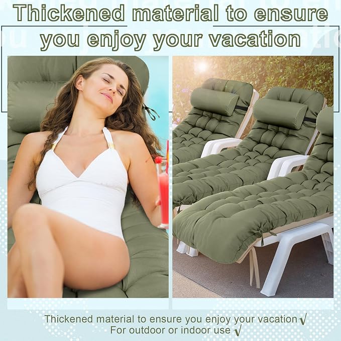 Tudomro Outdoor Chaise Lounge Cushion 66x21x4'' Waterproof & Fade-Resistant Patio Pool Chaise Lounge Cushion Headrest Pillow Tie Replacement Rocking High Back Chair(Olive Green,Set of 2)