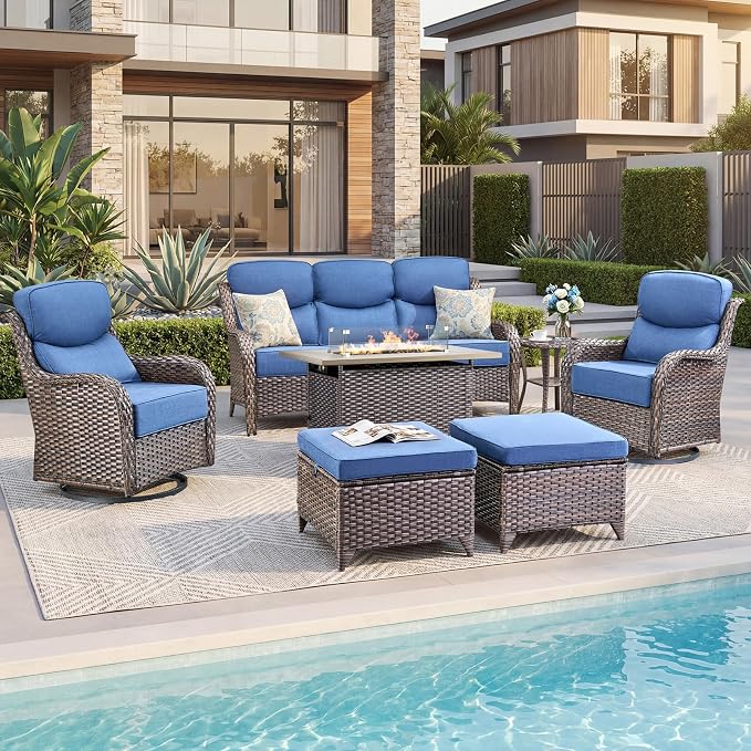 Luxury Patio Furniture Set with 6-inch Thick Cushion, Outdoor Furniture with Fire Pit Table, Swivel Chairs, Sofa, Side Table, Ottomans, 7pcs Wicker Conversation Set(Brown Wicker/Blue Cushion)