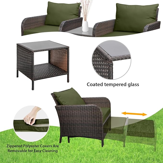 LEVELEVE Balcony Furniture 5 Piece Patio Conversation Set, PE Wicker Rattan Outdoor Lounge Chairs with Soft Cushions 2 Ottoman&Glass Table for Porch, Lawn-Brown Wicker（Army Green