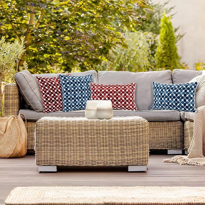 JMGBird Outdoor Lumbar Pillows Waterproof 12x20 Throw Pillows with Inserts | Blue Diamond Petal Pattern UV Fade Resistant Patio Cushions