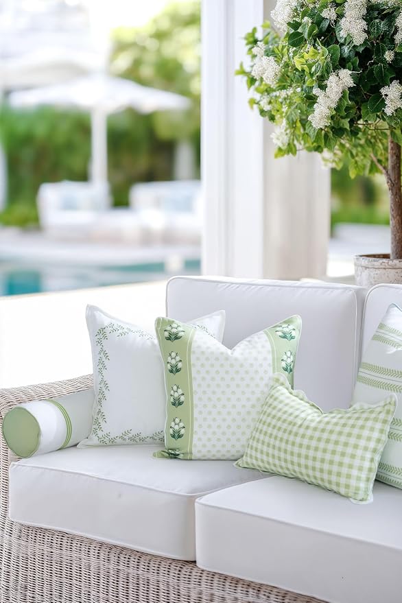 Hofdeco Premium Grandmillennial Patio Indoor Outdoor Throw Pillow Cover Only, 20"x20" Water Repellent for Backyard, Couch, Poolside, Grass Green Embroidered Leaves Frame