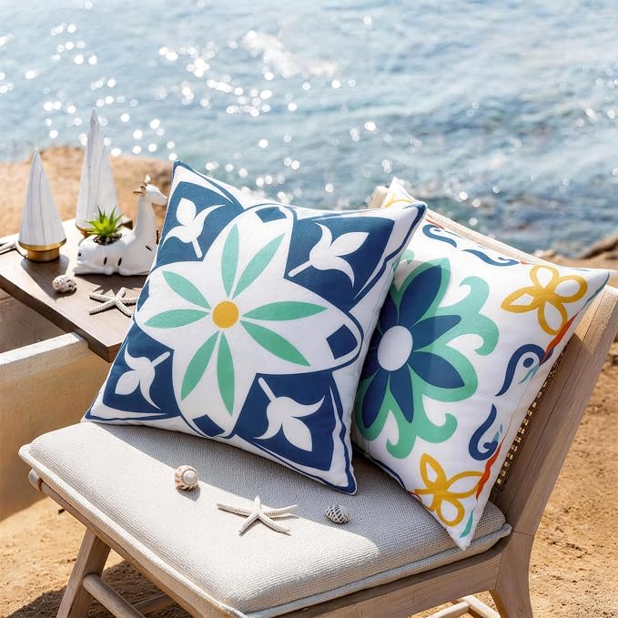 Waterproof Outdoor Pillow Covers, 4 Pack 18x18 Throw Pillow Covers | Blue Decorative Pillow Covers, Floral & Boho Print, Waterproof & Fade Resistant, Garden Cushion Case for Patio Furniture