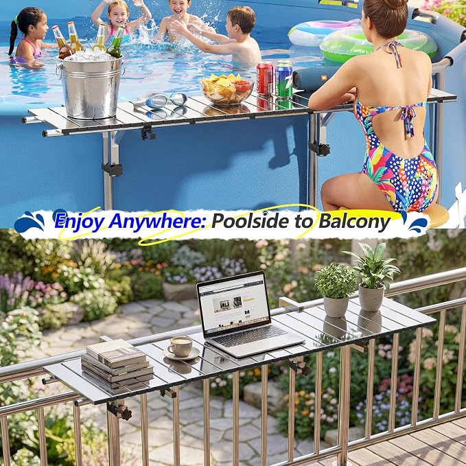 FUQUN Above Ground Pool Bar, 47" x 11.7" Heavy-Duty Mirrored Silver Poolside Table, Stainless Steel Frame & Tabletop, Fits 2-4" Top Rails & 22.8-48.4" Leg Spacing, for Round & Oval Frame Pools
