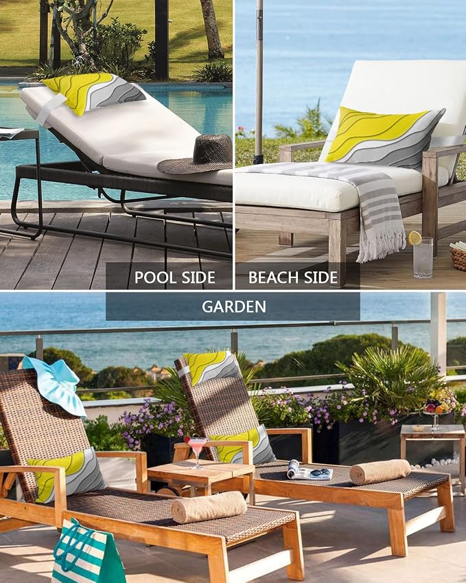 Geometric Ombre Lounge Pillows Outdoor, Aesthetic Yellow Grey White Gradient Abstract Head Pillows, Modern Waterproof Patio Furniture Lumbar Pillows with Adjustable Elastic Strap for Recliner Beach