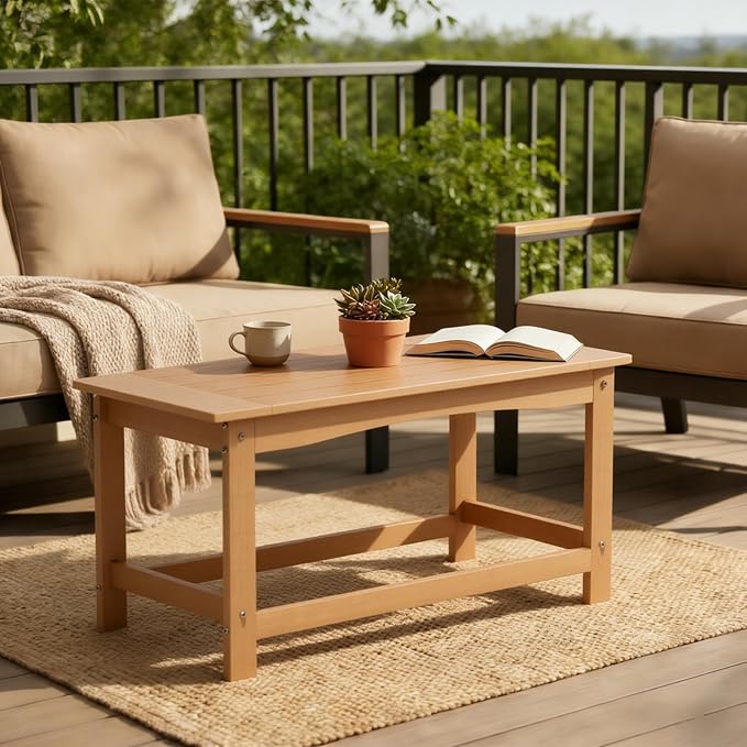 Outdoor Coffee Table, 35.4" x 17.5" All Weather Rectangle Patio Coffee Side Table for Garden Lawn Porch Poolside Balcony (Teak)