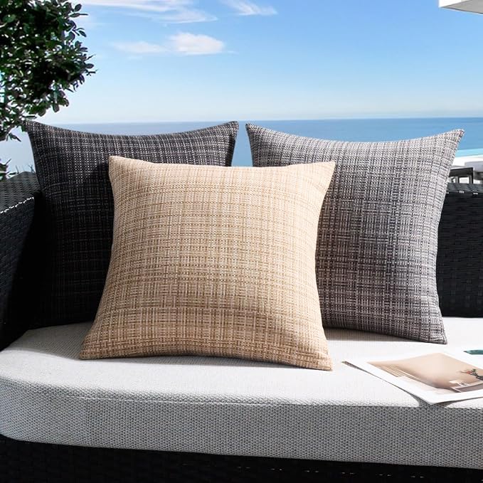 UGASA Outdoor Waterproof Throw Pillow Covers Pack of 2 Patio Water Resistant Pillow Cases Summer Woven Texture Decorative for Outside Garden Porch Yard Bench Tent 18x18 Inch, Beige