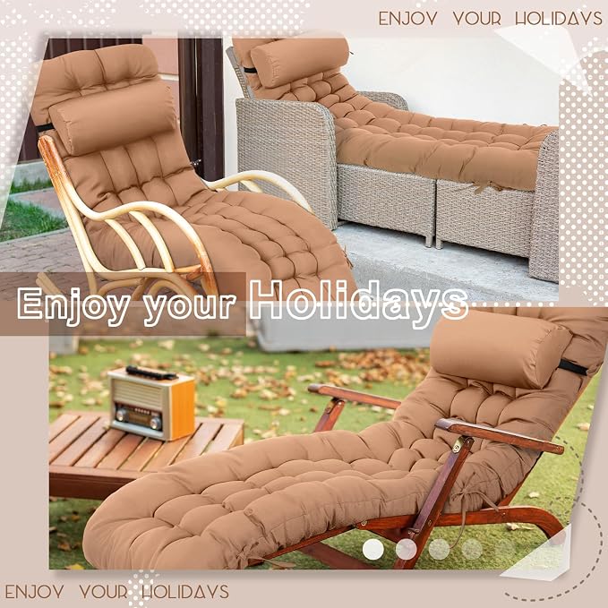 Tudomro Outdoor Chaise Lounge Cushion 66x21x4'' Waterproof & Fade-Resistant Patio Pool Chaise Lounge Cushion Headrest Pillow Tie Replacement Rocking High Back Chair(Camel,1 Pcs)