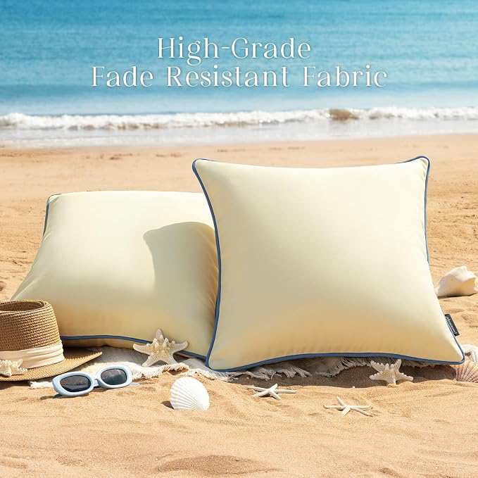 Phantoscope Pack of 2 Outdoor Waterproof Throw Pillow Covers with Contrast Piping, Decorative Square Cushion Case Patio Pillows for Couch Tent, Butter Yellow 18x18 inches