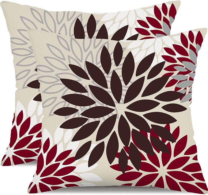DFXSZ Outdoor Waterproof Pillow Covers 20x20 Set of 2 Brown Red Flower | Spring Summer Waterproof Flower Throw Pillowcases（No Inserts）Outdoor Decor for Fall Patio Funiture Garden Polyester Covers