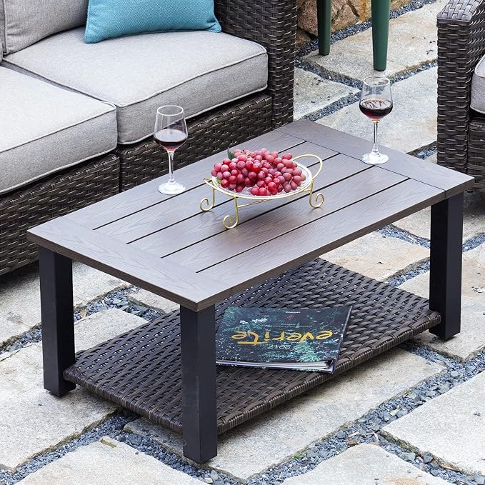 Grand patio Outdoor Coffee Table with Wicker Shelf Storage, 40-inch Rectangle Modern Patio Coffee Table with Faux Wood Tabletop, Fits with Outdoor Conversation Set