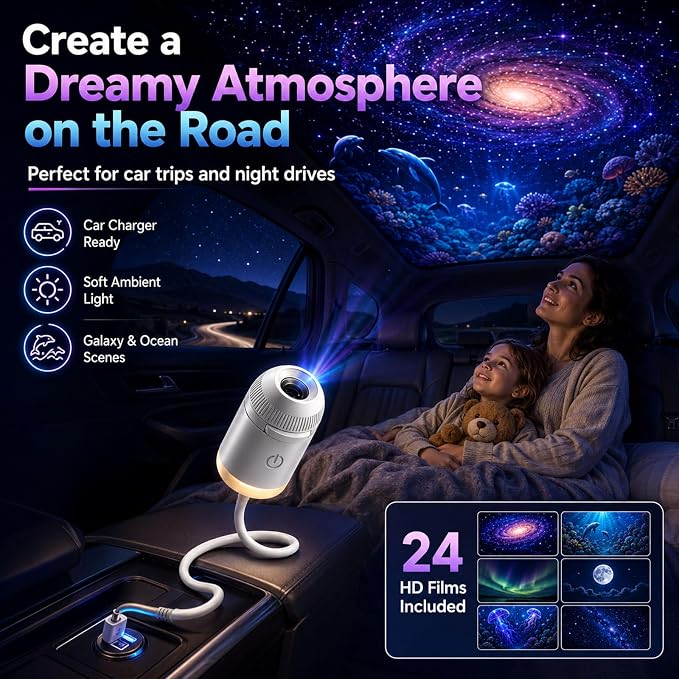 2027 Upgraded Hd Smart Dynamic 5d Holographic Night Light Projector, Plug and Play Hd Star Projector, 360° Adjustable Hd Galaxy and Ocean Projector for Indoor and Outdoor (6 Projection Films)