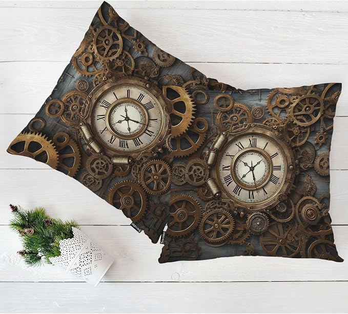 Swono Outdoor Pillow Covers Steampunk, Rusty Steampunk Clock Retro Gears Home Decorative Throw Pillow Case Cushion Cover for Men/Woman/Bed/Sofa/Office/Car 18x18 Inch, 2Pcs Pillow Covers, Gold Bronze