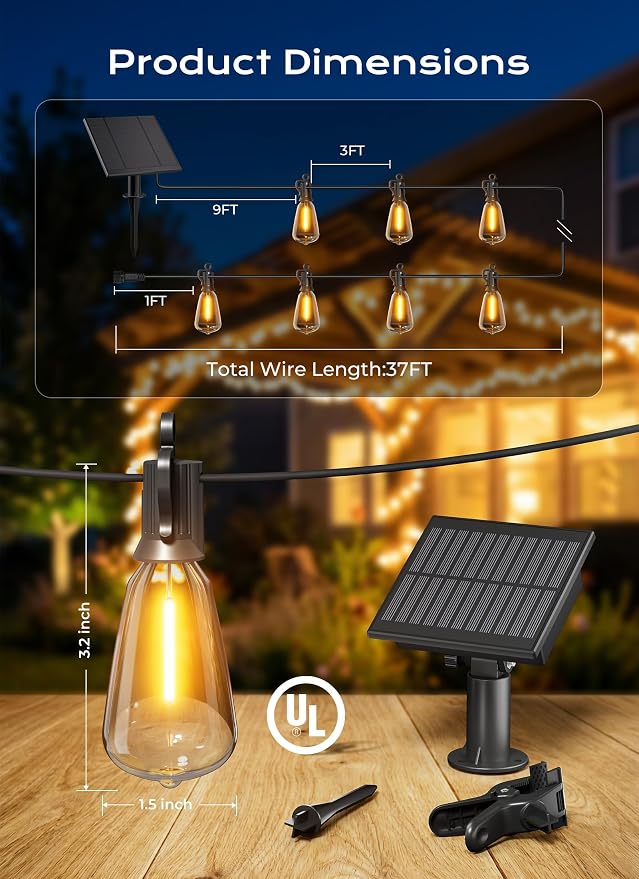 Brightown 37FT Solar String Lights Outdoor, 10+1 Shatterproof LED Lights | Waterproof, Remote Control, Dimmable, Timer, 3 Light Modes Solar Lights for Yard, Camping, Parties and Outdoor Decor