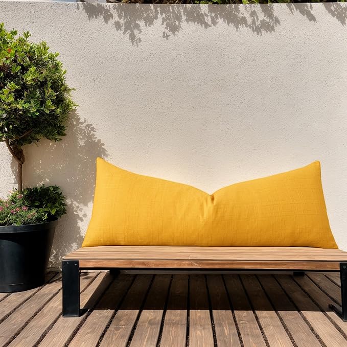 Kevin Textile Outdoor Waterproof 14”x36” Pillow Cover 1 Pack, Dark Yellow | Water Resistant, Soft Faux Linen-cotton Yarn-dyed Woven Texture Throw Pillow Covers for Tent Patio Garden Couch Sofa