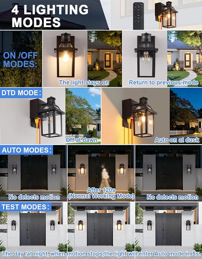 Porch Light with GFCI Outlet and Remote, Motion Sensor, Brown, 1 Pack | Dusk to Dawn Motion Sensor Outdoor Light 4 Lighting Modes Exterior Fixture Outside Lights for Porch Garage House