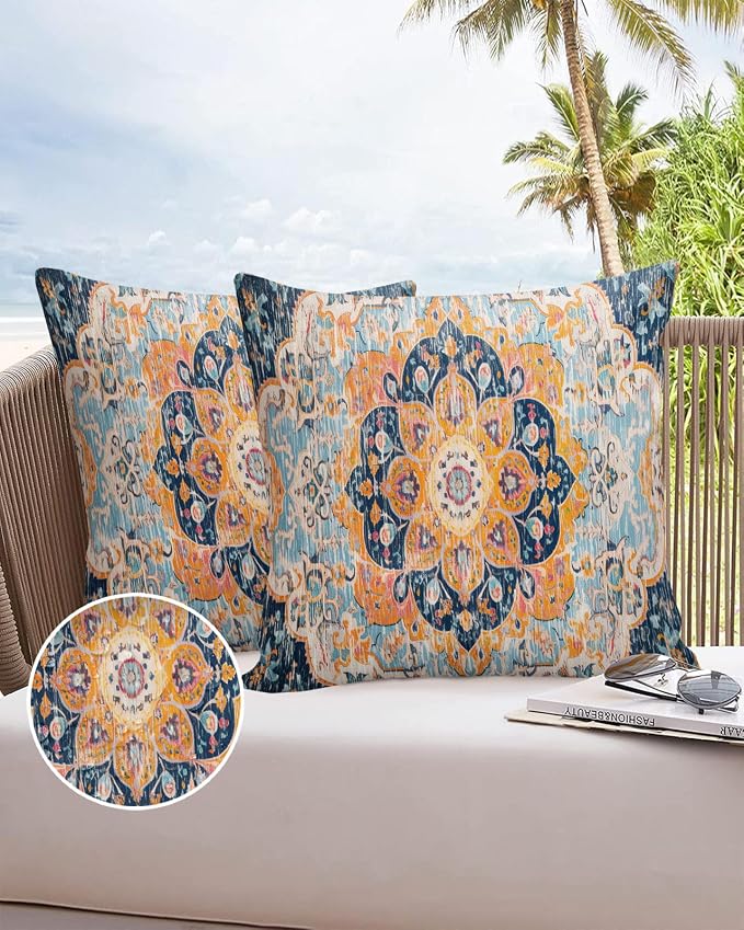 Outdoor Waterproof Pillow Covers Set of 2, Meddle Century Vintage Blue Carpet Mural Pattern Patio Throw Pillow Covers, Decorative Cushion Case for Couch Sofa Furniture Garden, 18x18 Inch