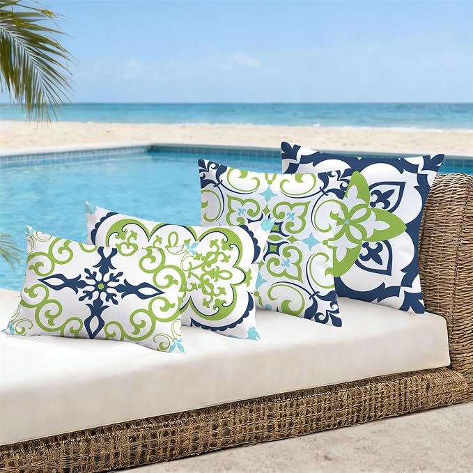 NIGHTWISH Outdoor Waterproof Pillow Covers 12x20 Set of 4 Green Boho Decorative Outdoor Throw Pillows Floral Cushion Cases for Patio Furniture Bench Couch Sunbrella