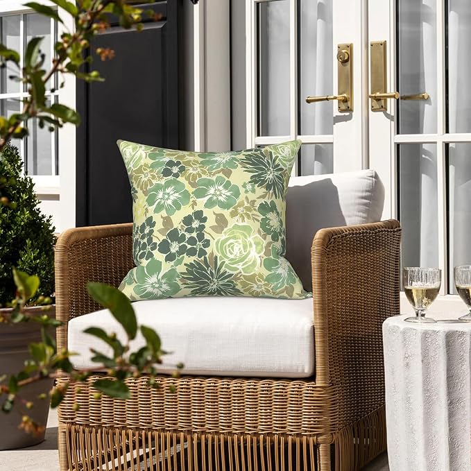 LVTXIII 2 Pack Outdoor Pillows 18x18 Inch, Square Throw Pillows with Inserts, Decorative Water-Repellent Pillow Cushions for Patio Furniture and Garden Sofa, Green Rose