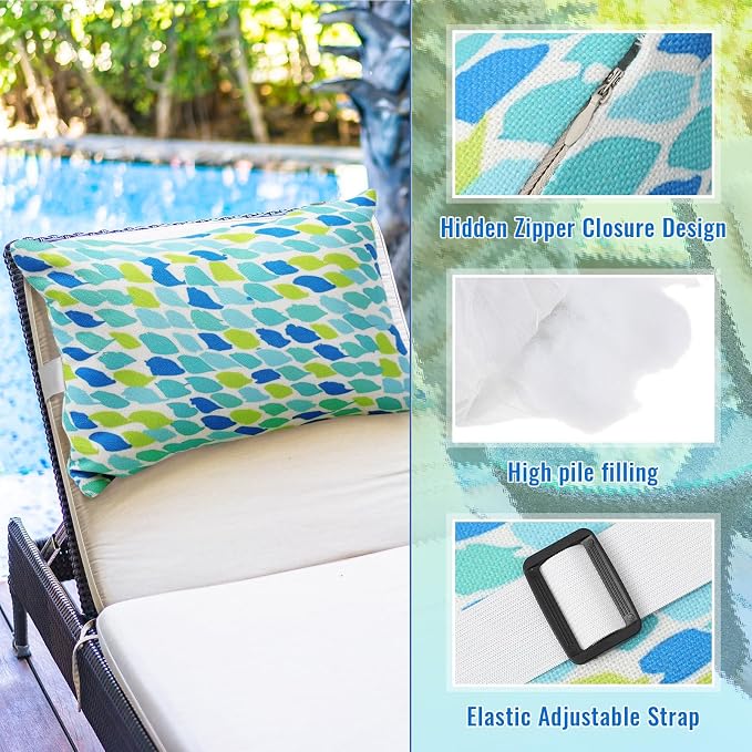 Juexica 2 Pack Chaise Lounge Pillow with Strap Outdoor Waterproof Beach Chair Neck Headrest Pillow Adjustable Elastic Band for Hammock Lumbar Recliner Pillows for Patio Pool Chair(Blue Green Pattern)